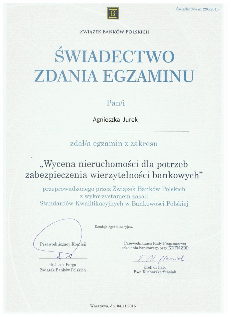 Świadectwo Związku Banków Polskich nr 296/2015
