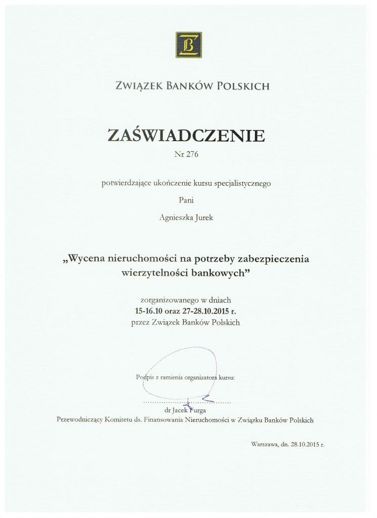 Zaświadczenie ukończenia szkolenia bankowego